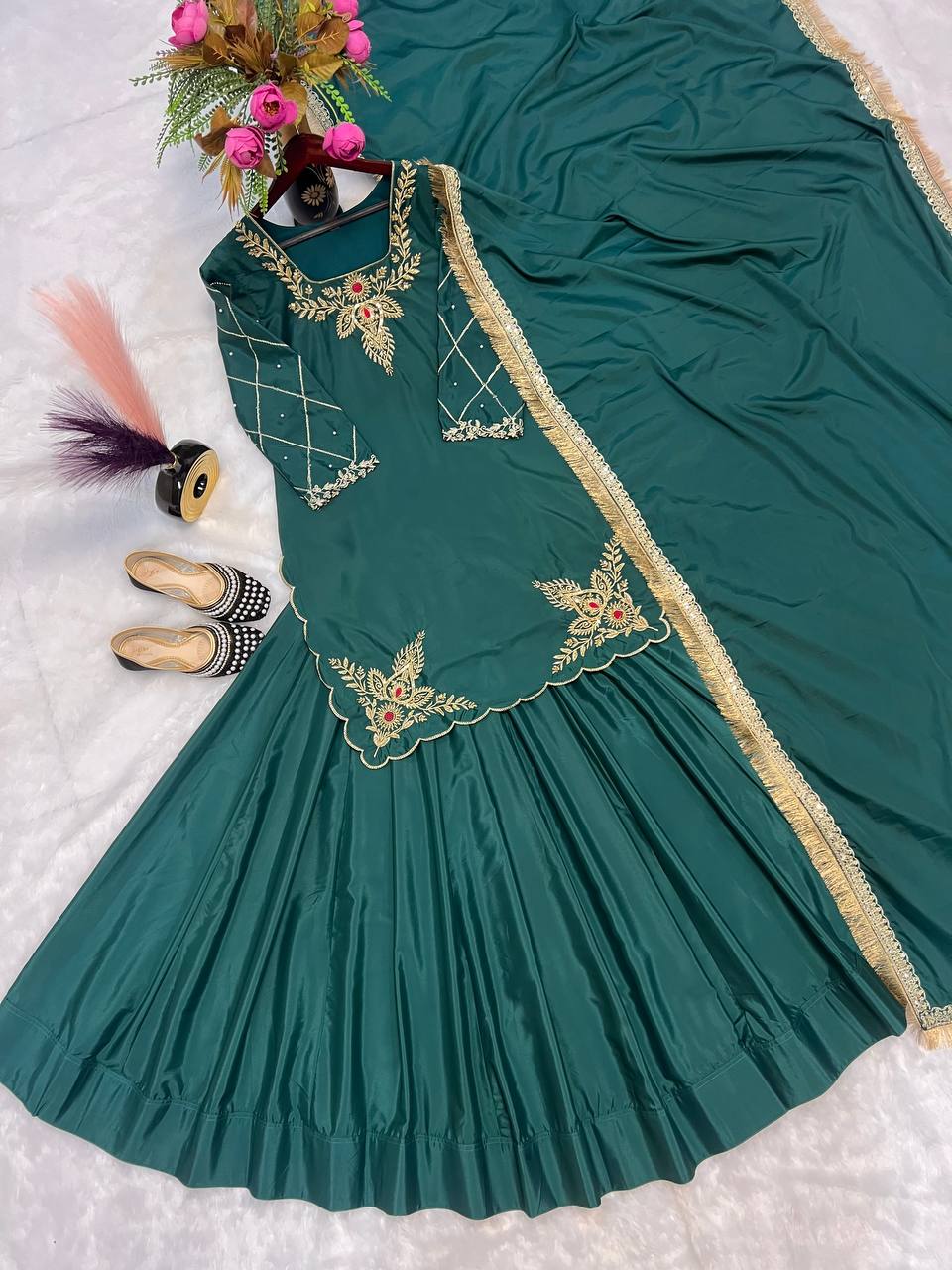Unique Teal Green Natural Crepe Silk Bids Hand Work With 3mm Sequence With Embroidery And Zari Work Lehenga Suit