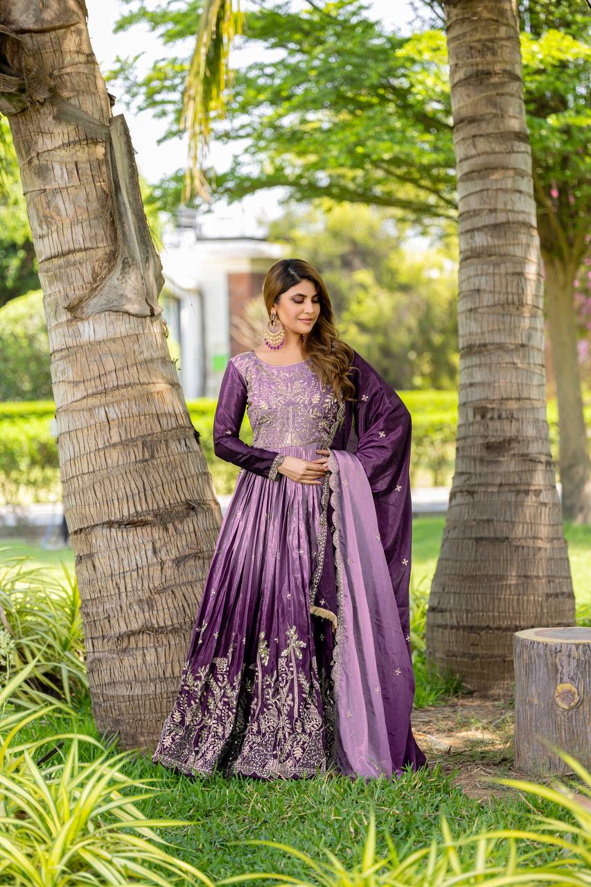 Party Wear Purple Color Pure Padding Chinon With Sequence Embroidery Work Gown