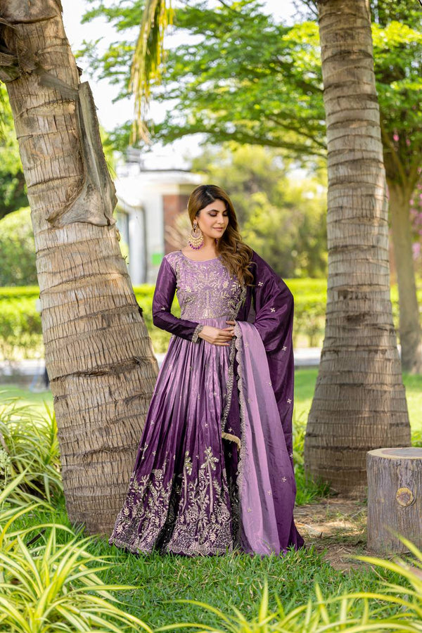 Party Wear Purple Color Pure Padding Chinon With Sequence Embroidery Work Gown