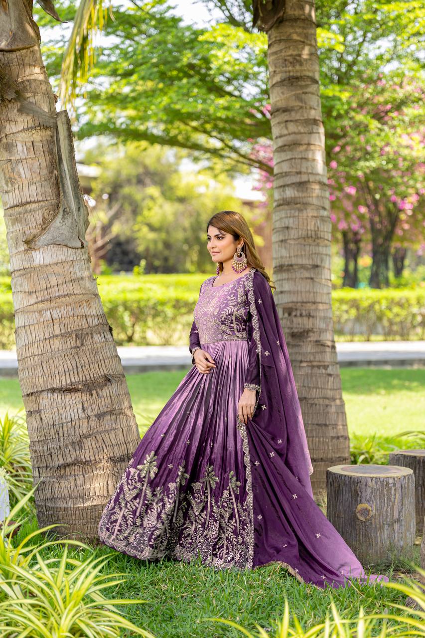 Party Wear Purple Color Pure Padding Chinon With Sequence Embroidery Work Gown