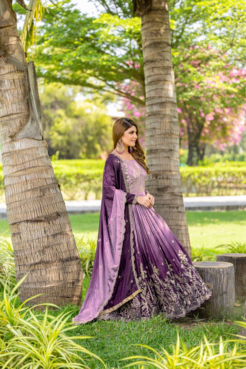 Party Wear Purple Color Pure Padding Chinon With Sequence Embroidery Work Gown