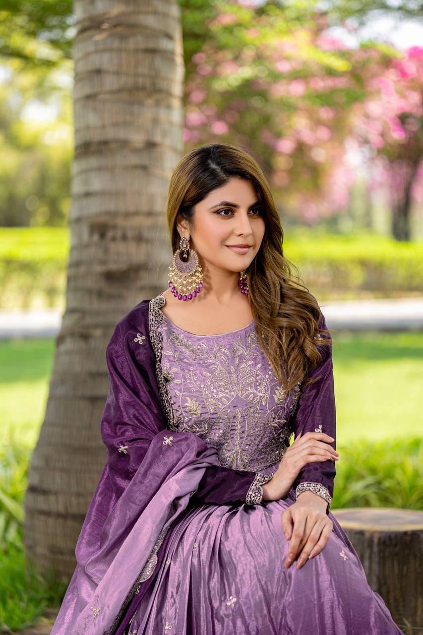 Party Wear Purple Color Pure Padding Chinon With Sequence Embroidery Work Gown