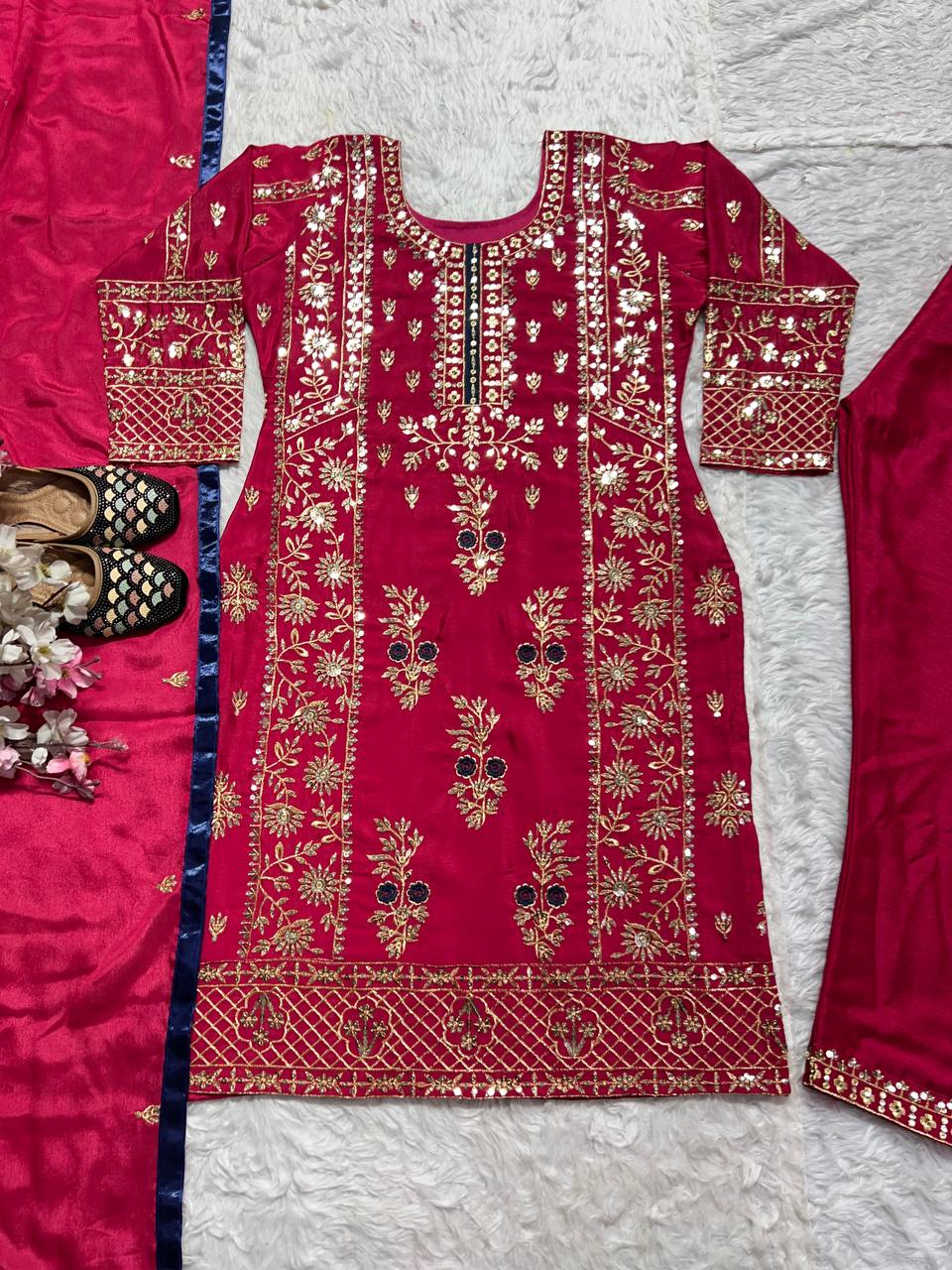 Graceful Maroon Color Pure Heavy Chinon Silk With Sequence Multi Embroidery Work Salwar Suit