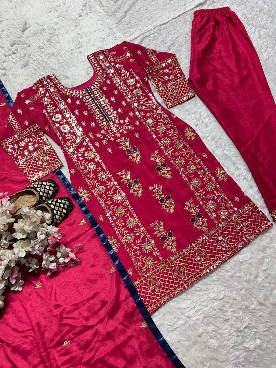 Graceful Maroon Color Pure Heavy Chinon Silk With Sequence Multi Embroidery Work Salwar Suit