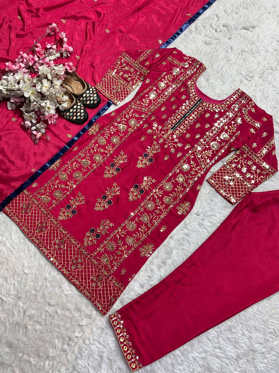 Graceful Maroon Color Pure Heavy Chinon Silk With Sequence Multi Embroidery Work Salwar Suit