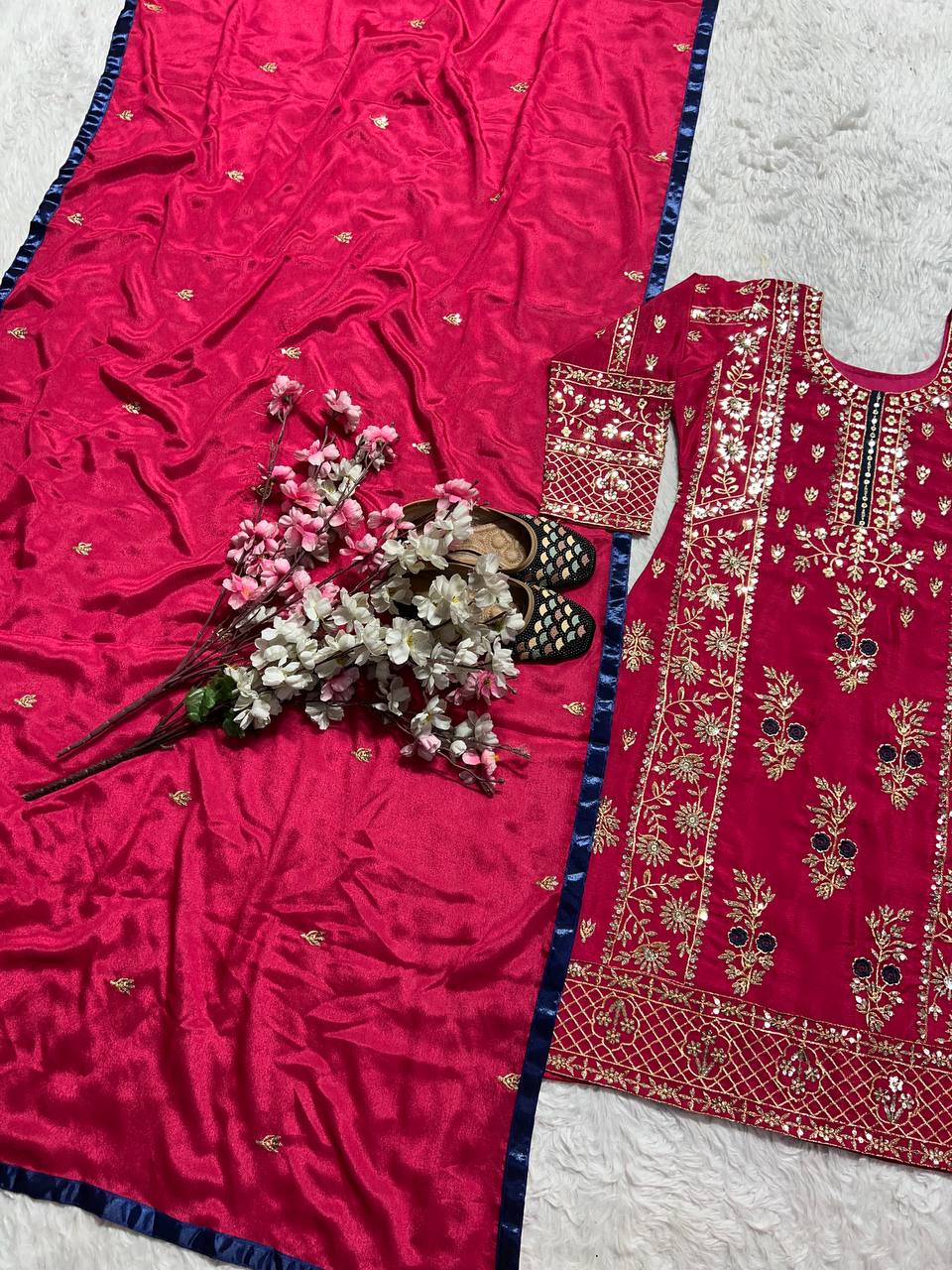 Graceful Maroon Color Pure Heavy Chinon Silk With Sequence Multi Embroidery Work Salwar Suit