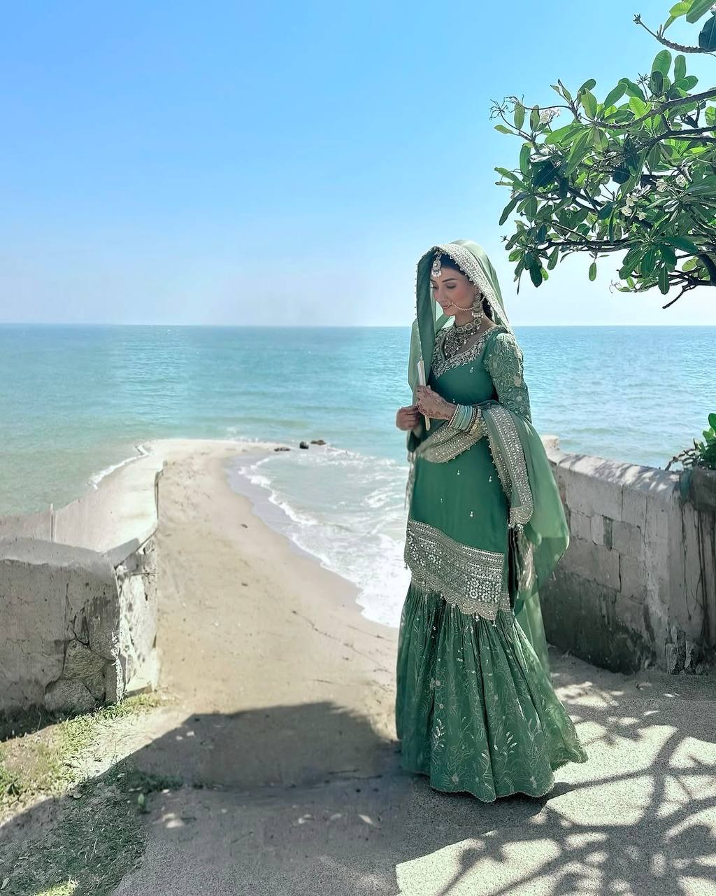 Ceremony Wear Aqua Green Color Heavy Pure Chinon With 5mm Embroidery Sequence Work Sharara Suit