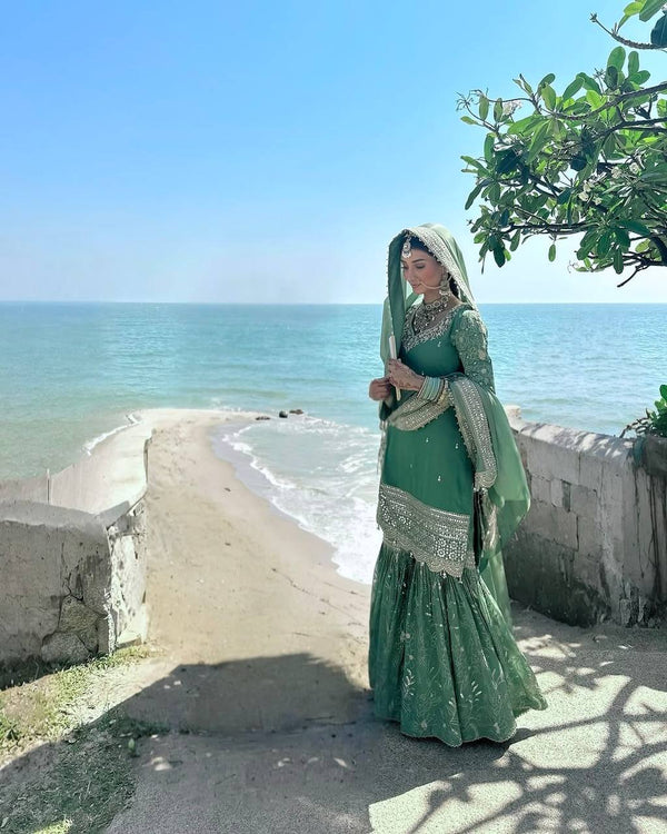 Ceremony Wear Aqua Green Color Heavy Pure Chinon With 5mm Embroidery Sequence Work Sharara Suit