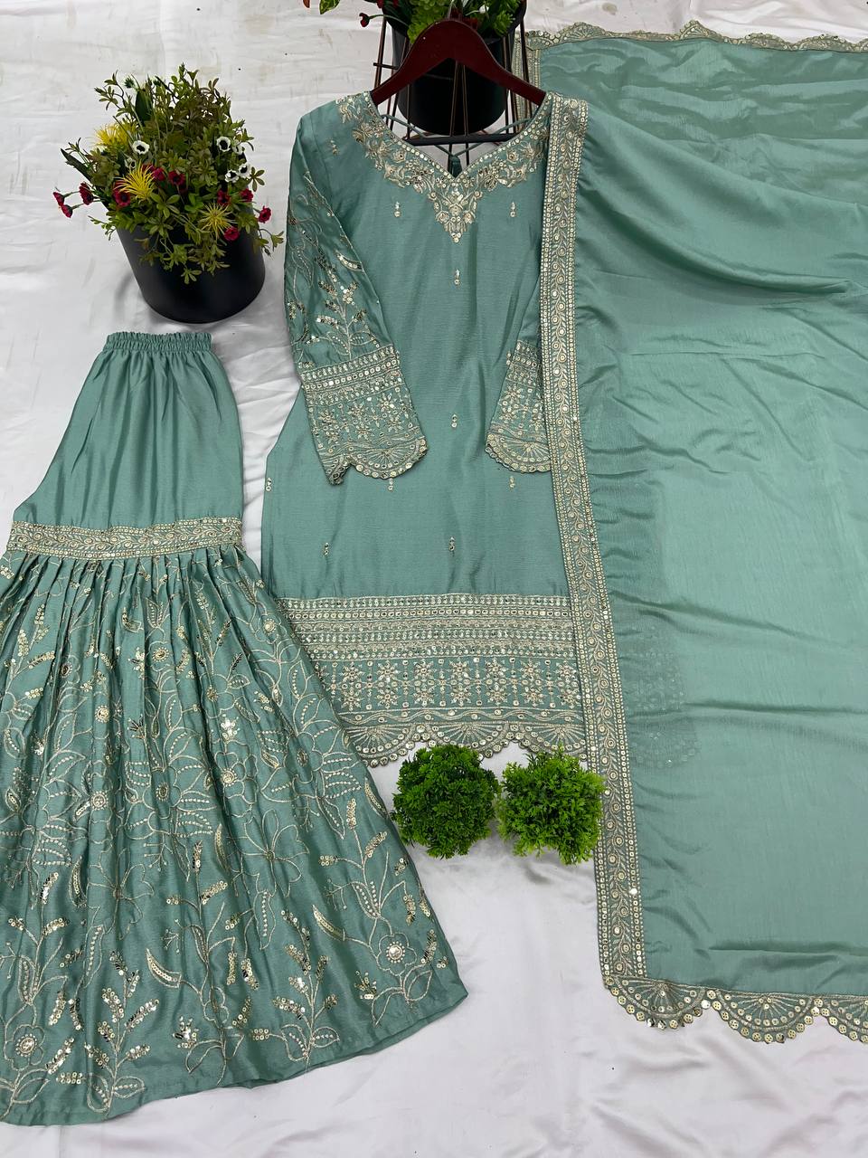 Ceremony Wear Aqua Green Color Heavy Pure Chinon With 5mm Embroidery Sequence Work Sharara Suit