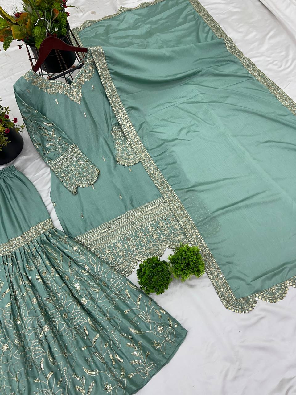 Ceremony Wear Aqua Green Color Heavy Pure Chinon With 5mm Embroidery Sequence Work Sharara Suit
