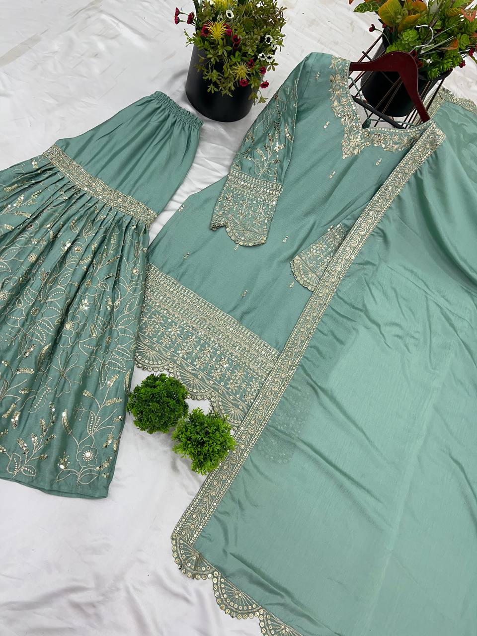 Ceremony Wear Aqua Green Color Heavy Pure Chinon With 5mm Embroidery Sequence Work Sharara Suit