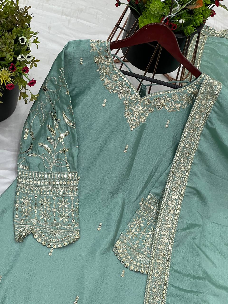 Ceremony Wear Aqua Green Color Heavy Pure Chinon With 5mm Embroidery Sequence Work Sharara Suit