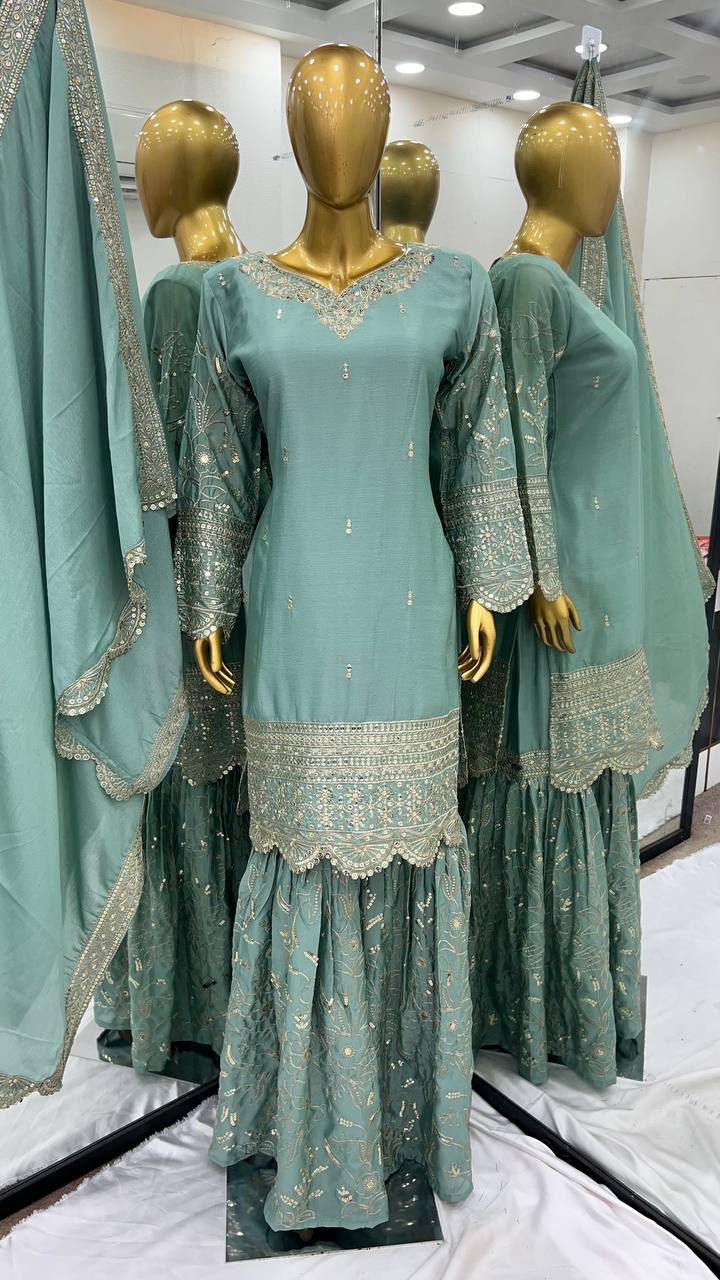 Ceremony Wear Aqua Green Color Heavy Pure Chinon With 5mm Embroidery Sequence Work Sharara Suit