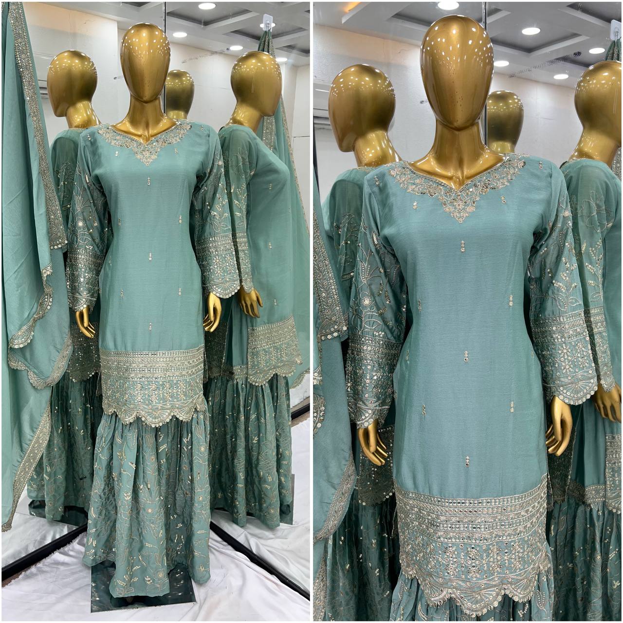 Ceremony Wear Aqua Green Color Heavy Pure Chinon With 5mm Embroidery Sequence Work Sharara Suit