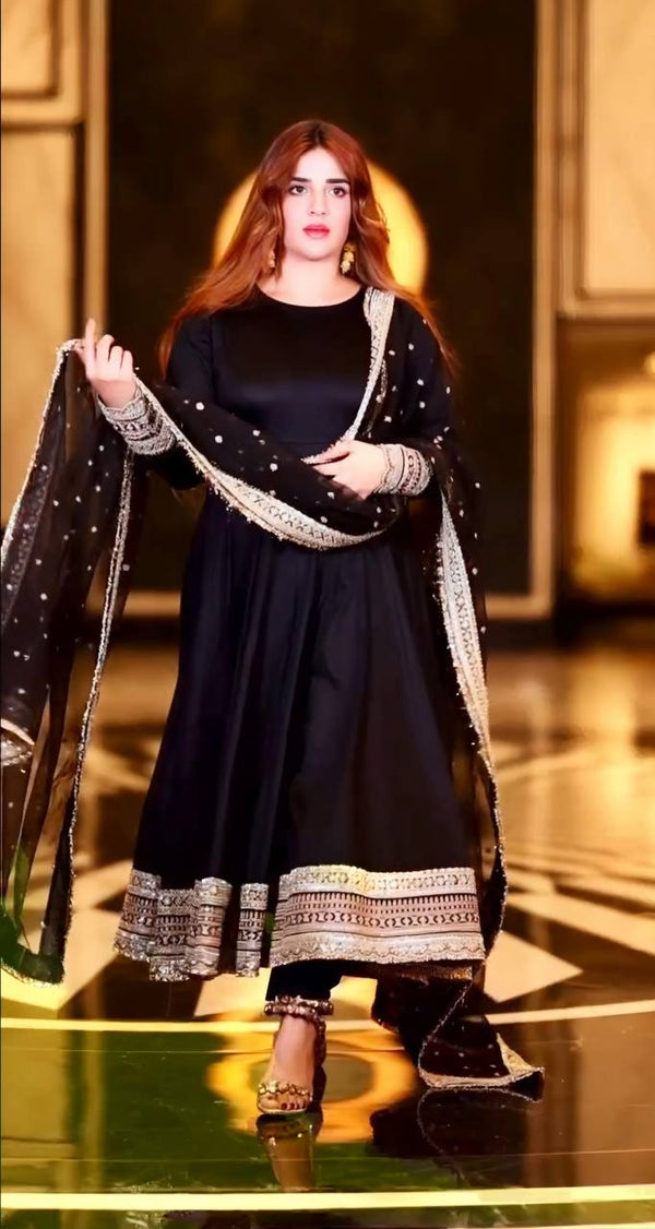 Elegant Black Color Rayon Cotton With Heavy Sequins And Zari Embroidered Work Gown