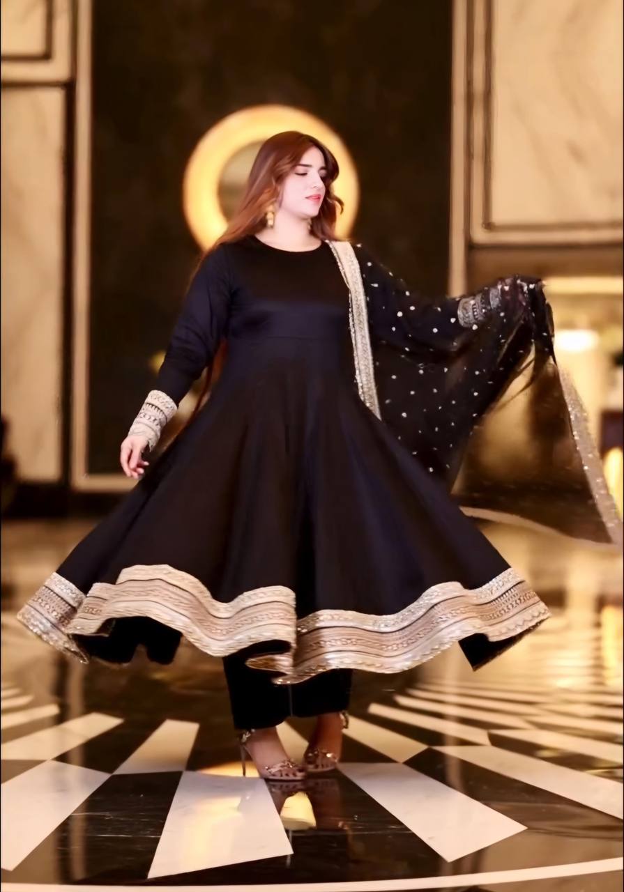 Elegant Black Color Rayon Cotton With Heavy Sequins And Zari Embroidered Work Gown
