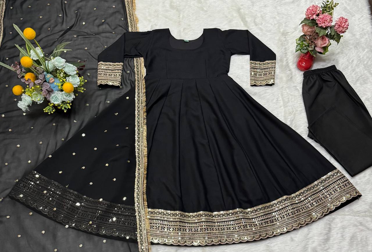 Elegant Black Color Rayon Cotton With Heavy Sequins And Zari Embroidered Work Gown