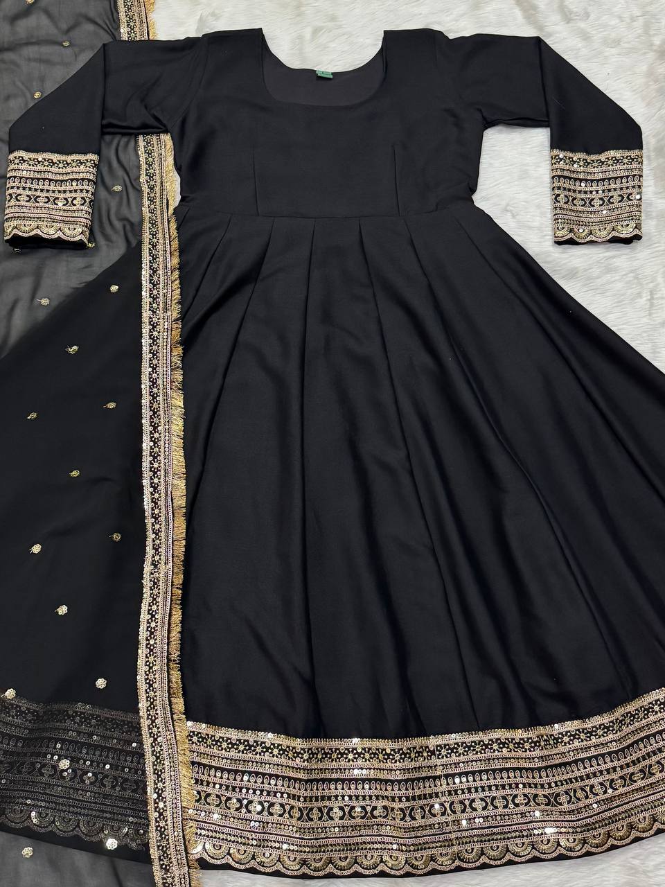 Elegant Black Color Rayon Cotton With Heavy Sequins And Zari Embroidered Work Gown