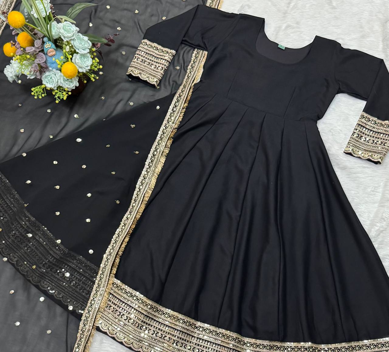 Elegant Black Color Rayon Cotton With Heavy Sequins And Zari Embroidered Work Gown