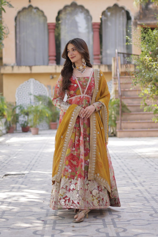 Marriage Special Multi Color Digital Printed Russian Silk With Foil Embroidery Zari Sequins Work Designer Gown
