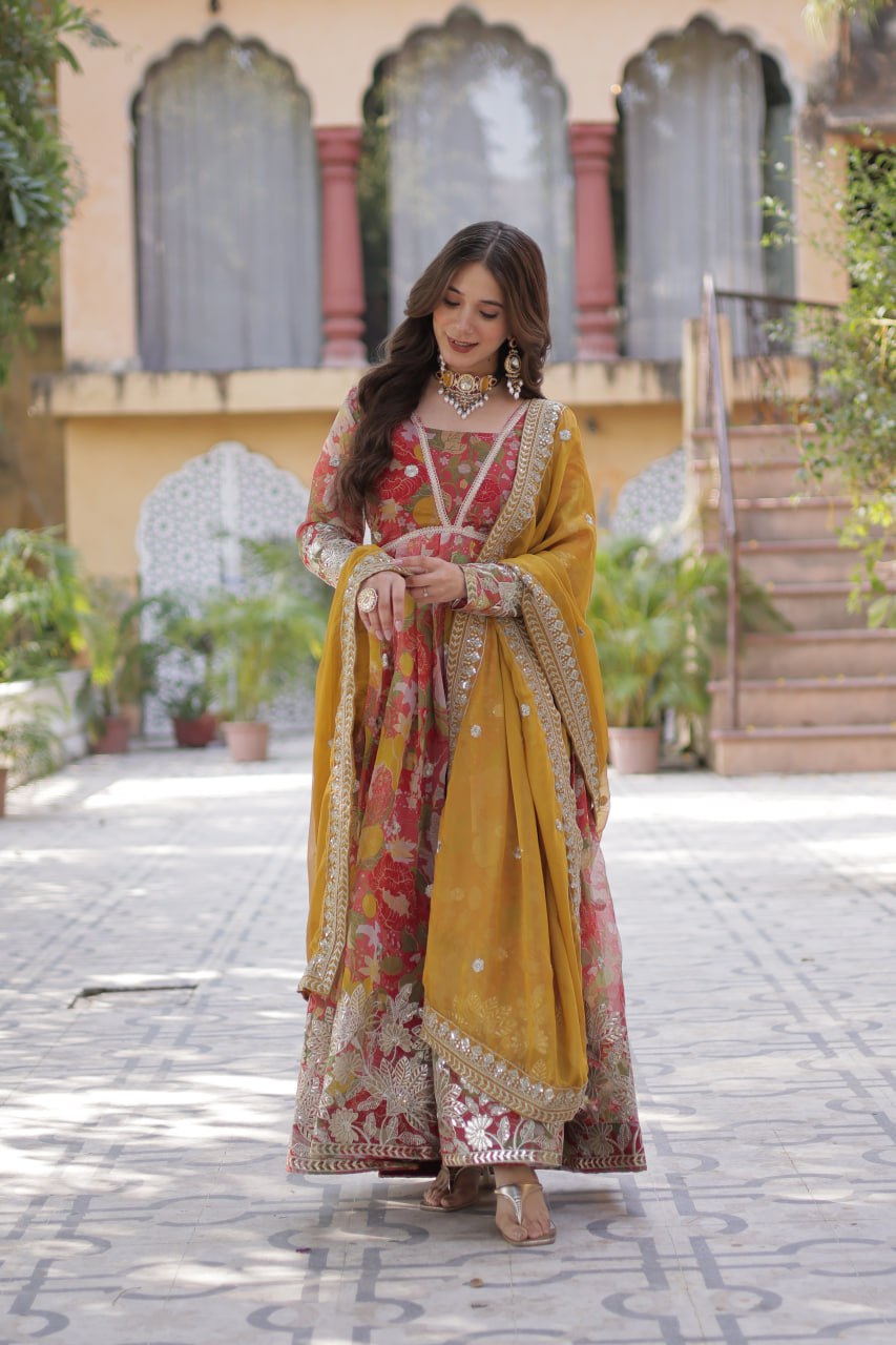 Marriage Special Multi Color Digital Printed Russian Silk With Foil Embroidery Zari Sequins Work Designer Gown