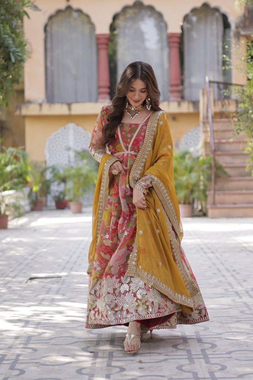 Marriage Special Multi Color Digital Printed Russian Silk With Foil Embroidery Zari Sequins Work Designer Gown