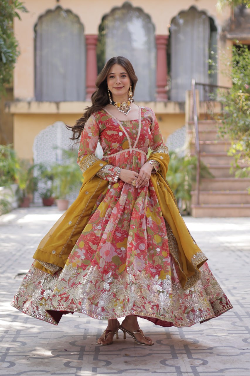 Marriage Special Multi Color Digital Printed Russian Silk With Foil Embroidery Zari Sequins Work Designer Gown