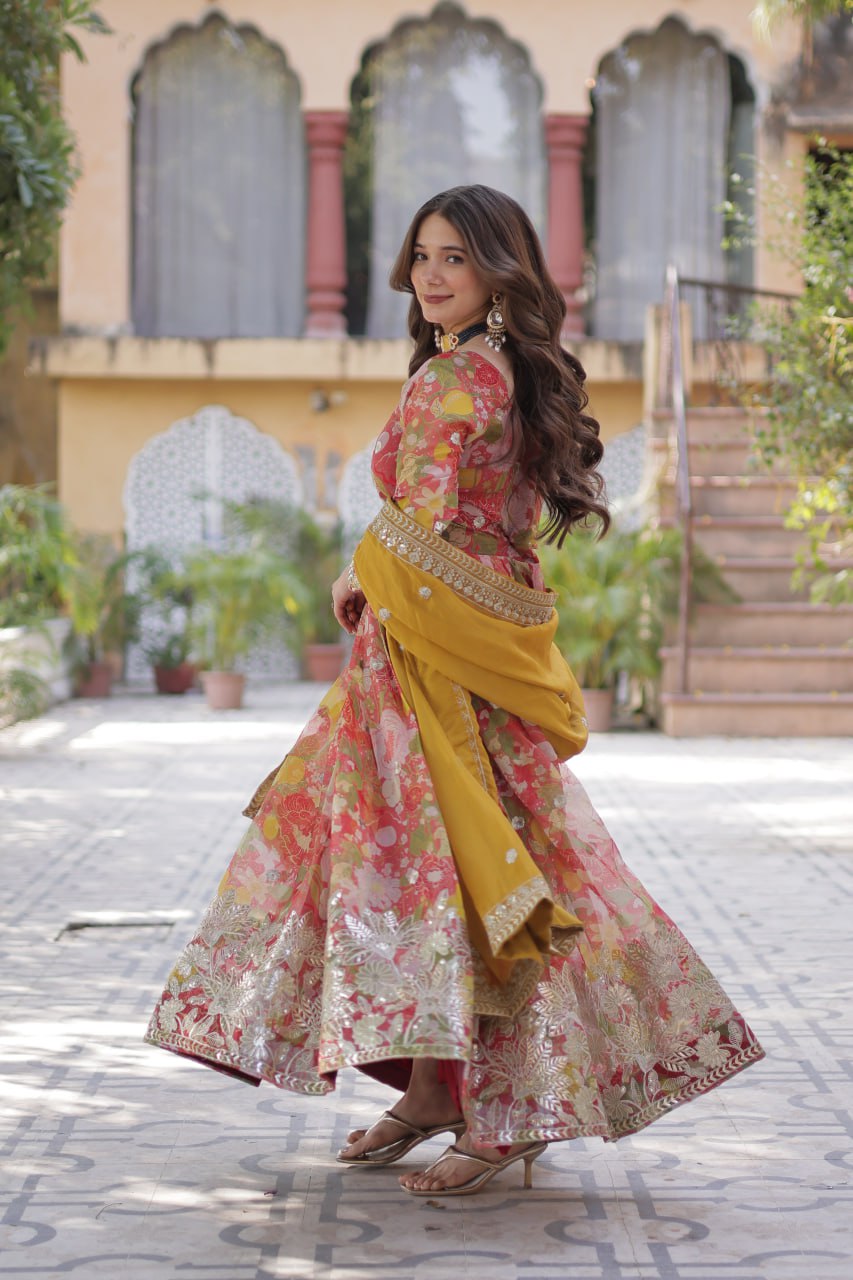 Marriage Special Multi Color Digital Printed Russian Silk With Foil Embroidery Zari Sequins Work Designer Gown
