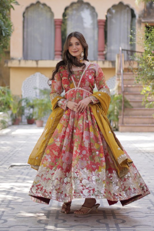 Marriage Special Multi Color Digital Printed Russian Silk With Foil Embroidery Zari Sequins Work Designer Gown