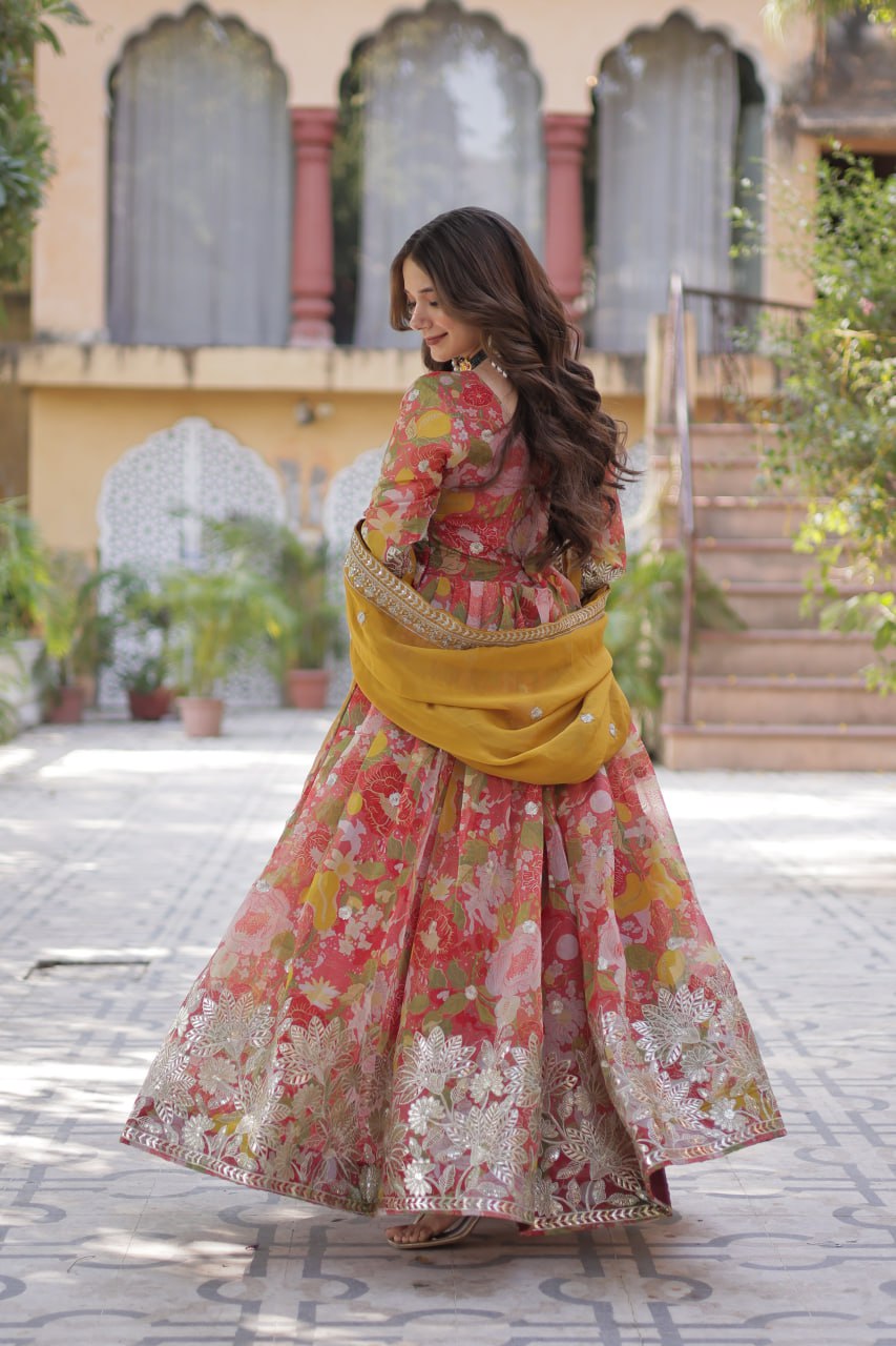 Marriage Special Multi Color Digital Printed Russian Silk With Foil Embroidery Zari Sequins Work Designer Gown
