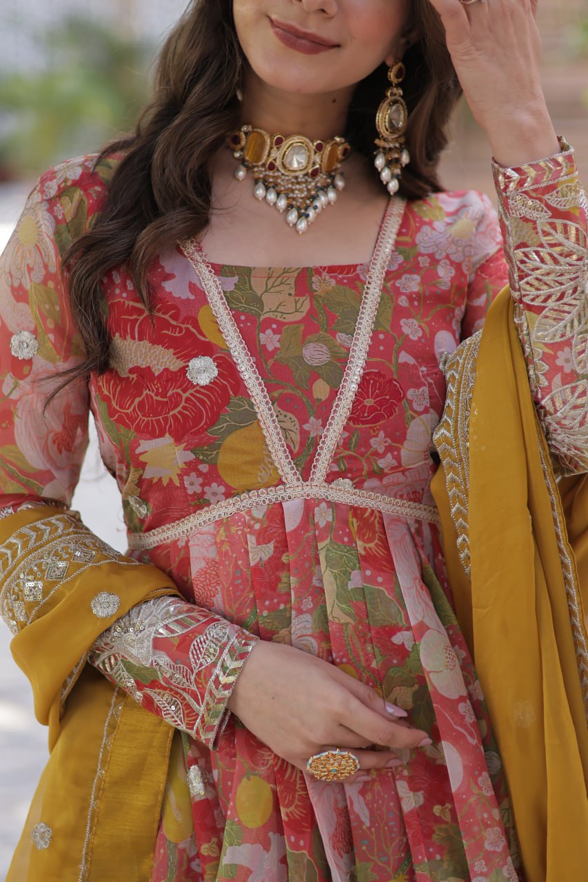 Marriage Special Multi Color Digital Printed Russian Silk With Foil Embroidery Zari Sequins Work Designer Gown
