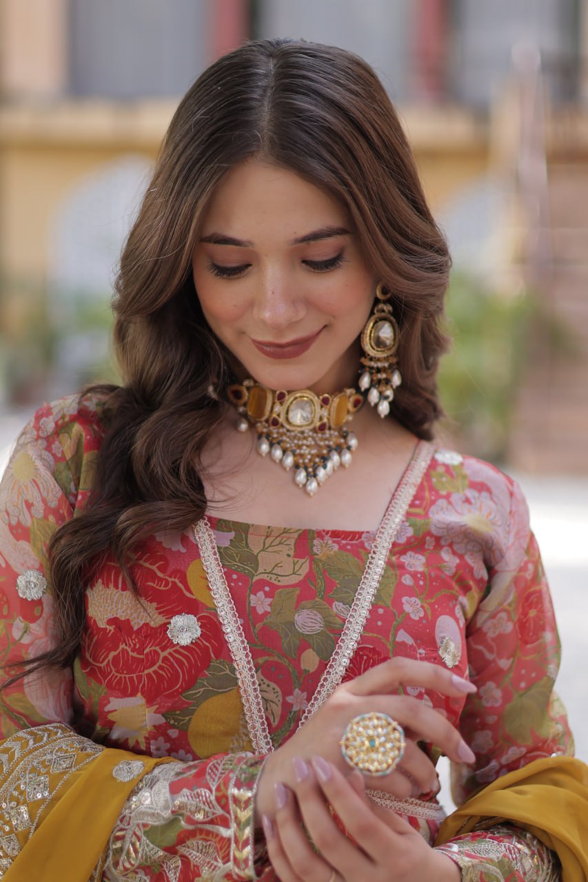 Marriage Special Multi Color Digital Printed Russian Silk With Foil Embroidery Zari Sequins Work Designer Gown