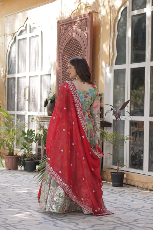 Reception Wear Multi Color Digital Printed Russian Silk With Foil Embroidery Zari Sequins Work Designer Gown
