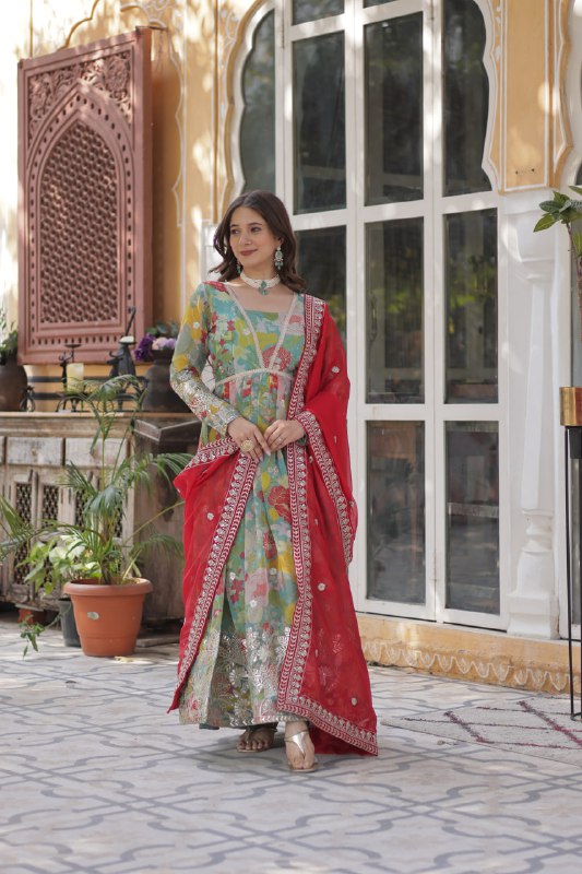 Reception Wear Multi Color Digital Printed Russian Silk With Foil Embroidery Zari Sequins Work Designer Gown