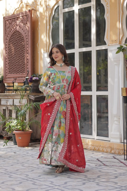 Reception Wear Multi Color Digital Printed Russian Silk With Foil Embroidery Zari Sequins Work Designer Gown