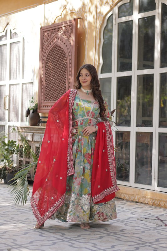 Reception Wear Multi Color Digital Printed Russian Silk With Foil Embroidery Zari Sequins Work Designer Gown