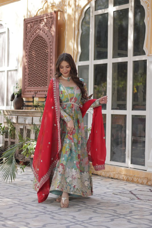 Reception Wear Multi Color Digital Printed Russian Silk With Foil Embroidery Zari Sequins Work Designer Gown
