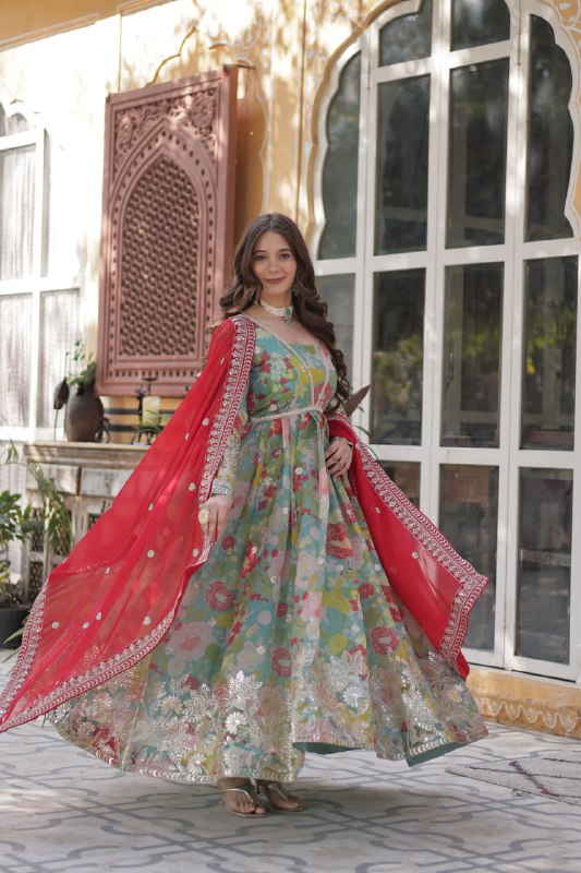 Reception Wear Multi Color Digital Printed Russian Silk With Foil Embroidery Zari Sequins Work Designer Gown