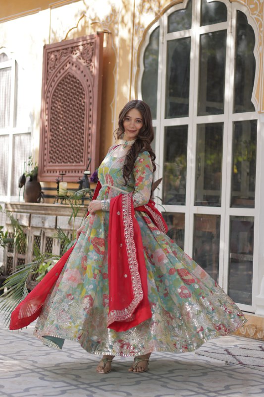 Reception Wear Multi Color Digital Printed Russian Silk With Foil Embroidery Zari Sequins Work Designer Gown