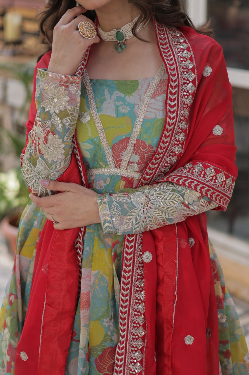 Reception Wear Multi Color Digital Printed Russian Silk With Foil Embroidery Zari Sequins Work Designer Gown