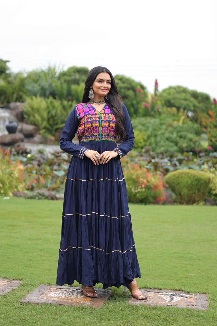 Navratri Specail Wear Kutchi Gamthi Embroidered And Mirror Hand Work Gown