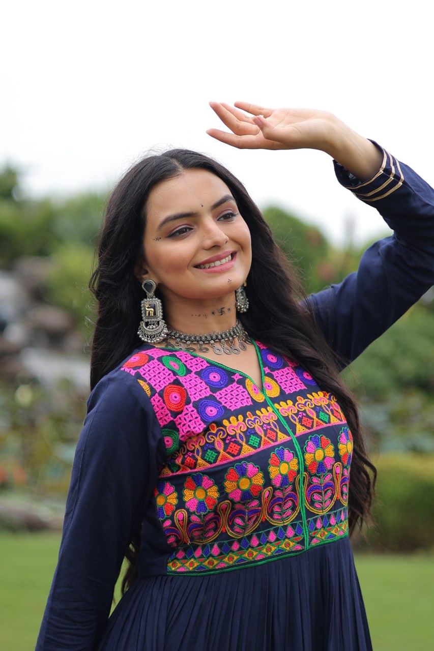 Navratri Specail Wear Kutchi Gamthi Embroidered And Mirror Hand Work Gown