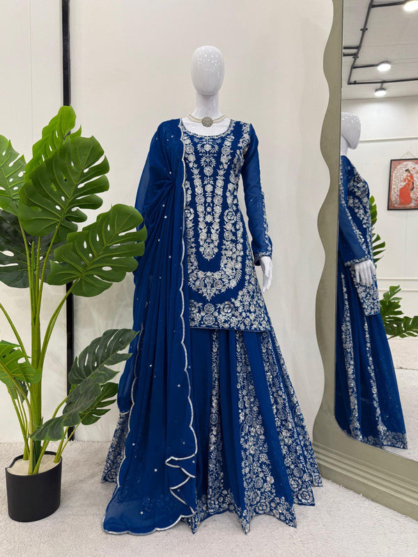 Wedding Wear Teal Blue Color Faux Georgette And Thread With Sequence Work Beautiful Palazzo Suit