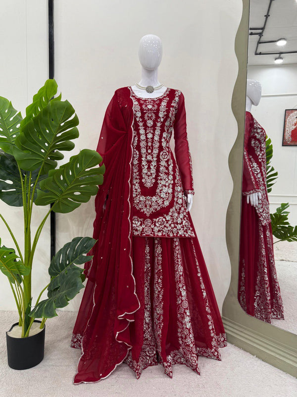 Party Wear Maroon Color Faux Georgette And Thread With Sequence Work Beautiful Palazzo Suit