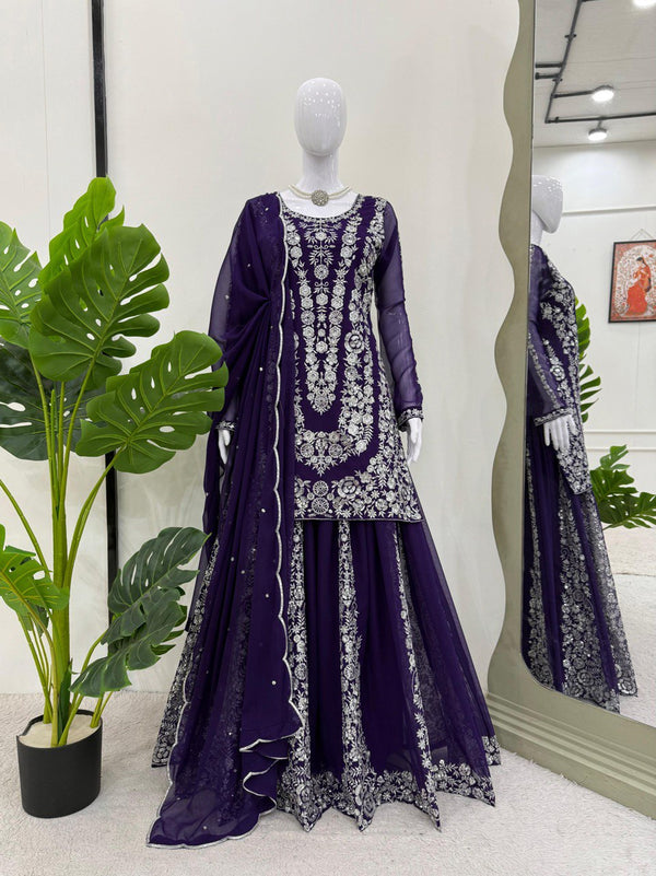 Ceremony Wear Navy Color Faux Georgette And Thread With Sequence Work Beautiful Palazzo Suit