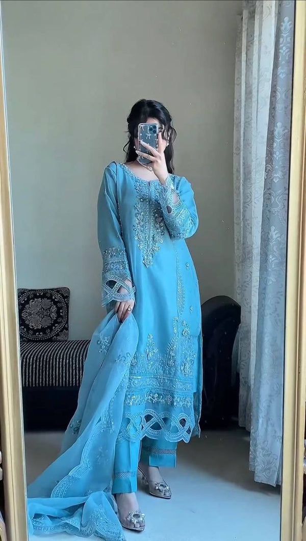 Exclusive Sky Blue Color Sequins Embroidery With Cutwork Designer Salwar Suit
