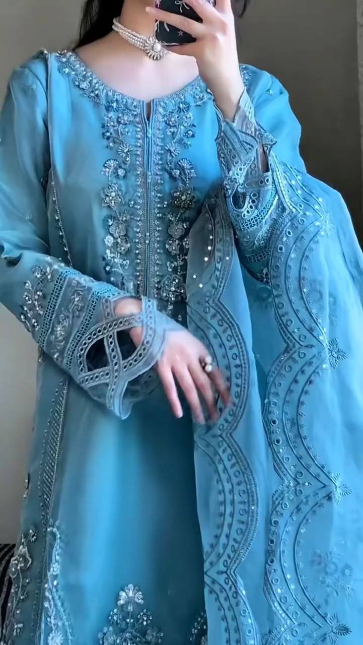 Exclusive Sky Blue Color Sequins Embroidery With Cutwork Designer Salwar Suit
