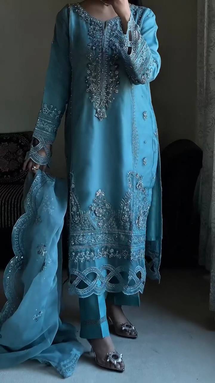 Exclusive Sky Blue Color Sequins Embroidery With Cutwork Designer Salwar Suit