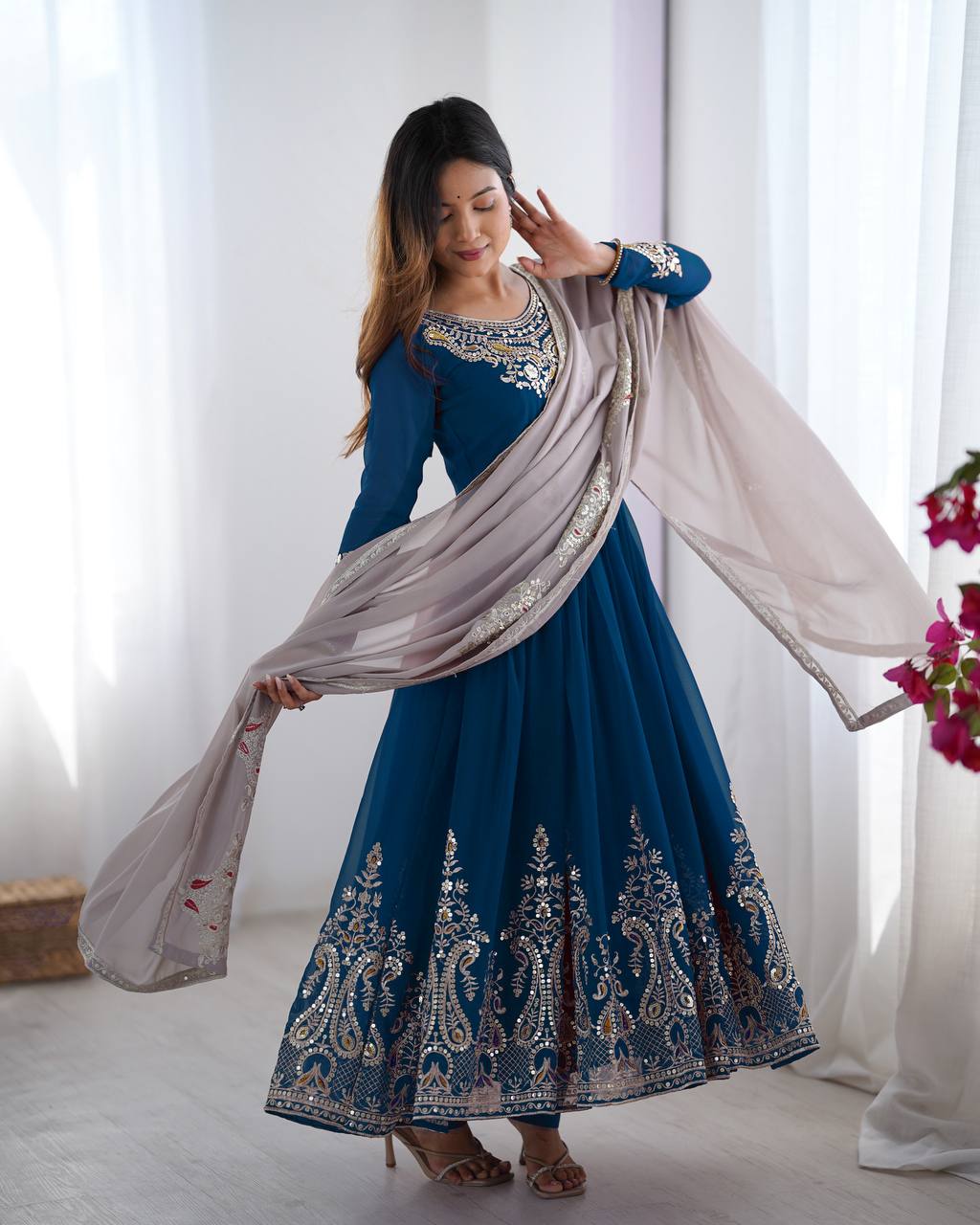 Reception Wear Navy Blue Color Embroidery Sequence Work Designer Gown