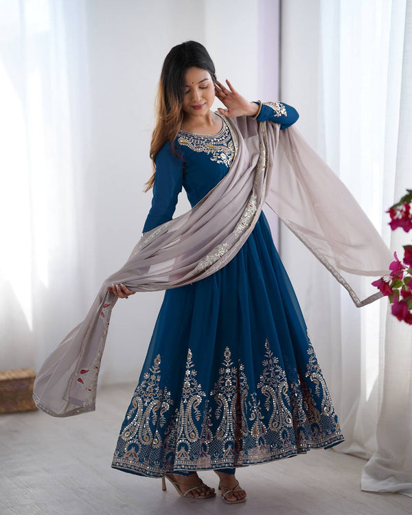 Reception Wear Navy Blue Color Embroidery Sequence Work Designer Gown